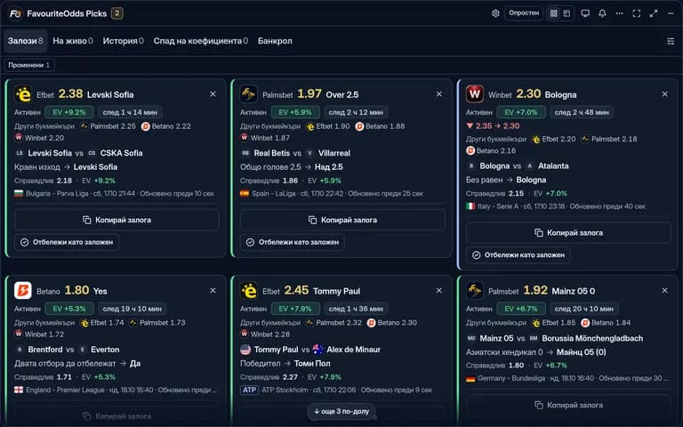 Приложението FavouriteOdds Picks със списък сигнали с коефициент, EV и свежест